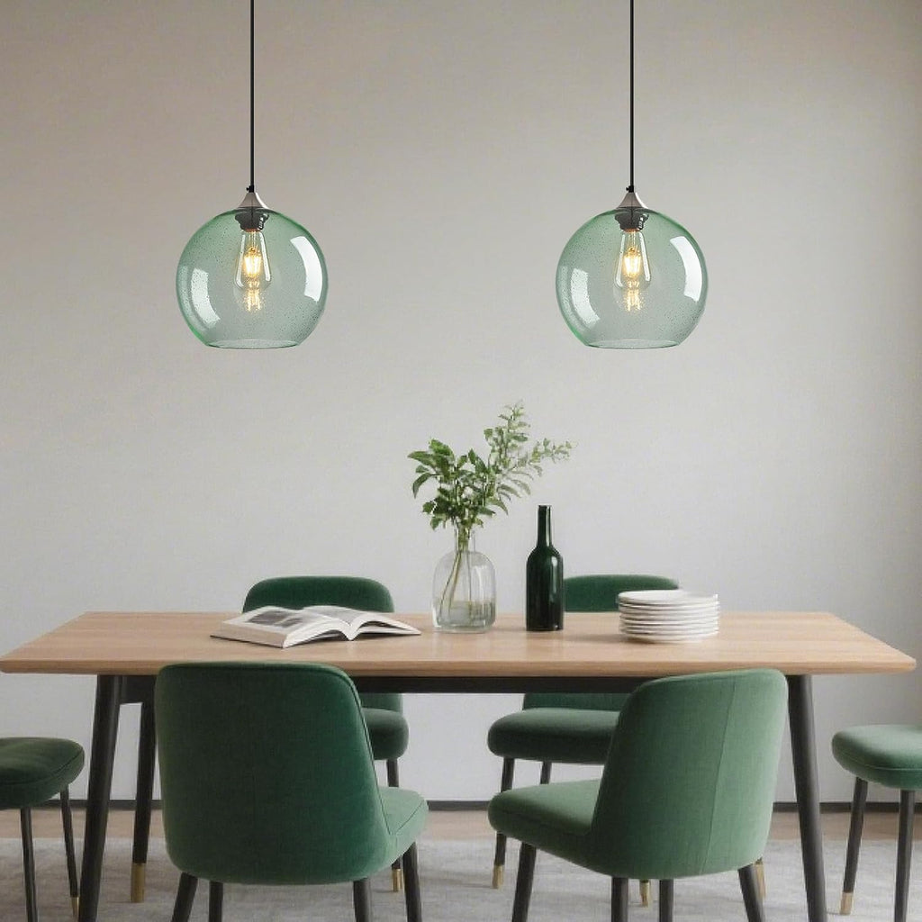 Light Green Glass Pendant Lights Kitchen Island Globe Pendant Light Fixtures Modern Pendant Lighting for Bedroom Living Dining Room Light Fixture (9.84 in, 2 Pack)