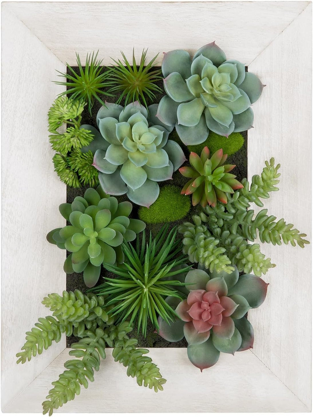Hanging Wall Artificial Plants Decor Fake Succulent Arrangement with Moss and Rectangle Wooden White Frames Faux Plants Hanging Boho Decor for Farmhouse Living Room Bedroom Home Indoor