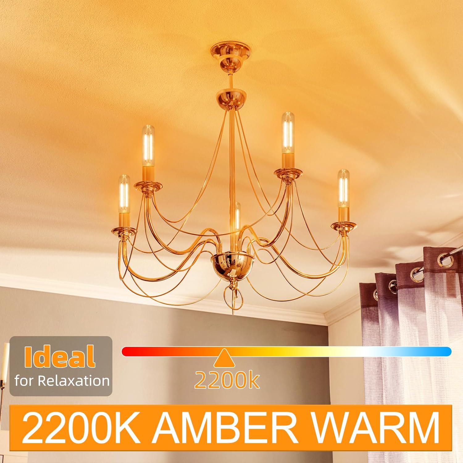 Tubular LED Edison Bulb 2200K Amber Warm Dimmable, 2W, 25 watt Equivalent, E26 LED Light Bulbs, T10 Edison Bulbs for Chandeliers, Ceiling Fan, 90+CRI 250LM, 6 Pack