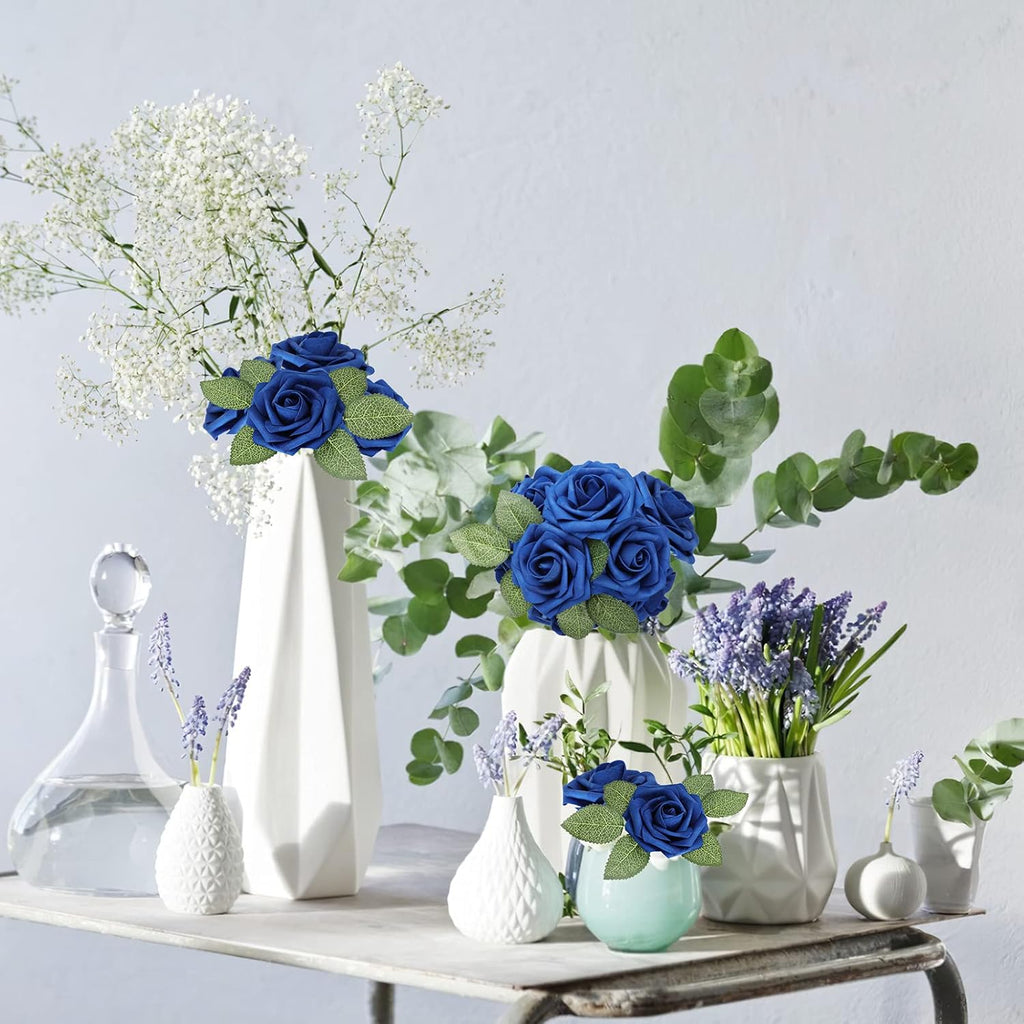 AmyHomie Artificial Flower Royal Blue Rose 25pcs Real Looking Fake Roses w/Stem for DIY Wedding Bouquets Centerpieces Arrangements Party Baby Shower Valentines Day Christmas Tree Decorations