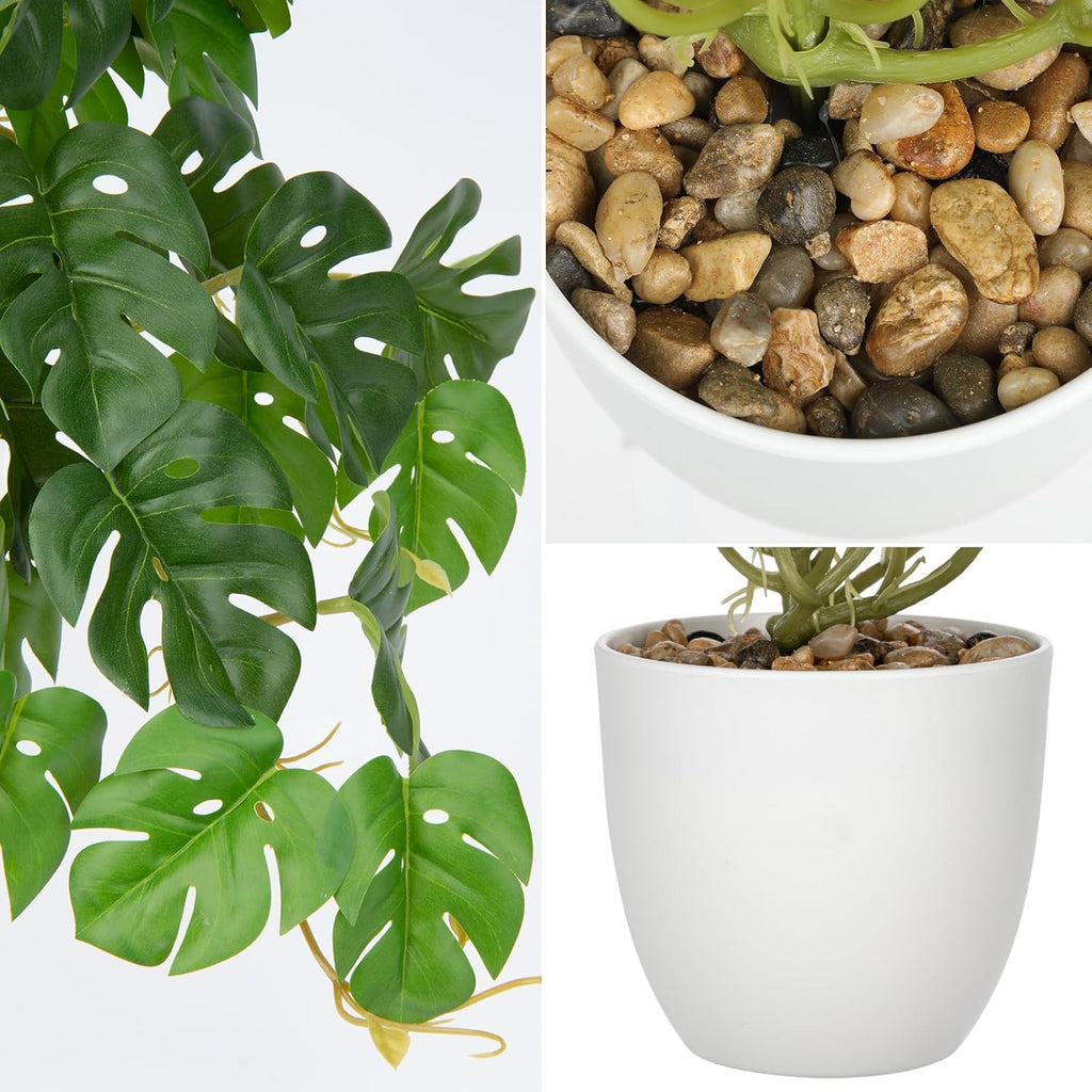 DILATATA Fake Plants Indoor 9 Inch Artificial Monstera Plant in White Plastic Pot - Faux Potted Tropical Palm Plant for Home Aesthetic Decor Living Room Shelf Office