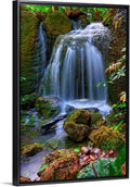 CANVAS ON DEMAND Waterfall in Tropical Rainforest of Fairchild Tropical Gardens, Black Float Framed Canvas Wall Art Print, Home Decor, Floral, Flowers, Nature Artwork, 16" x24in