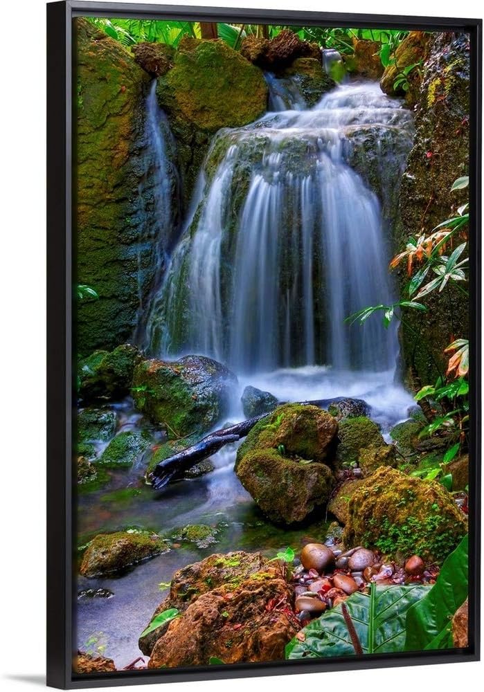 CANVAS ON DEMAND Waterfall in Tropical Rainforest of Fairchild Tropical Gardens, Black Float Framed Canvas Wall Art Print, Home Decor, Floral, Flowers, Nature Artwork, 32" x48in