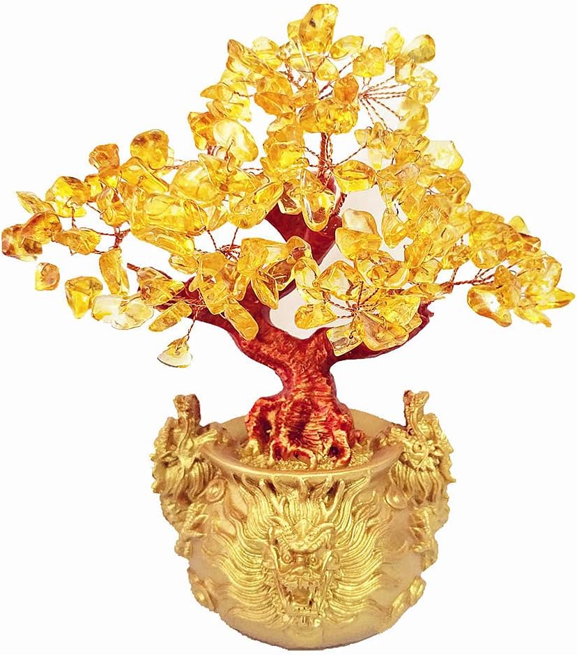Feng Shui Citrine Quartz Crystal Money Tree Bonsai Style Decoration for Luck and Wealth (Dragon pots)