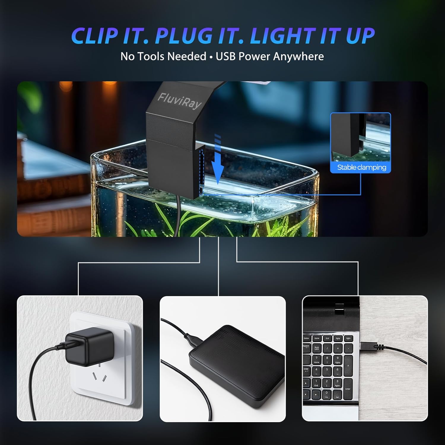 Mini Clip-On Aquarium Light 7W USB Dimmable Fish Tank Lamp with 3 Light Modes (Full Spectrum/White/RGB), 9-Level Brightness, Compact LED Light for 1–3 Gallon Aquariums (Adapter Not Included)