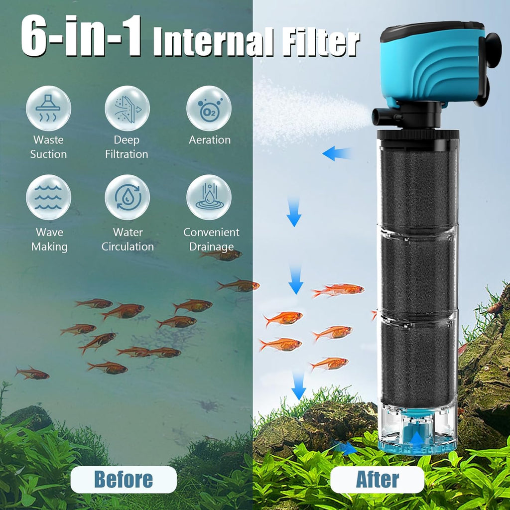 Internal Aquarium Filter, Upgraded 100–300 Gallon Fish Tank Filter with Fish Guard, 660GPH Submersible Whisper Pump for Turtle Tank & Small Pond, Debris Tray, Check Valve, Fresh/Saltwater