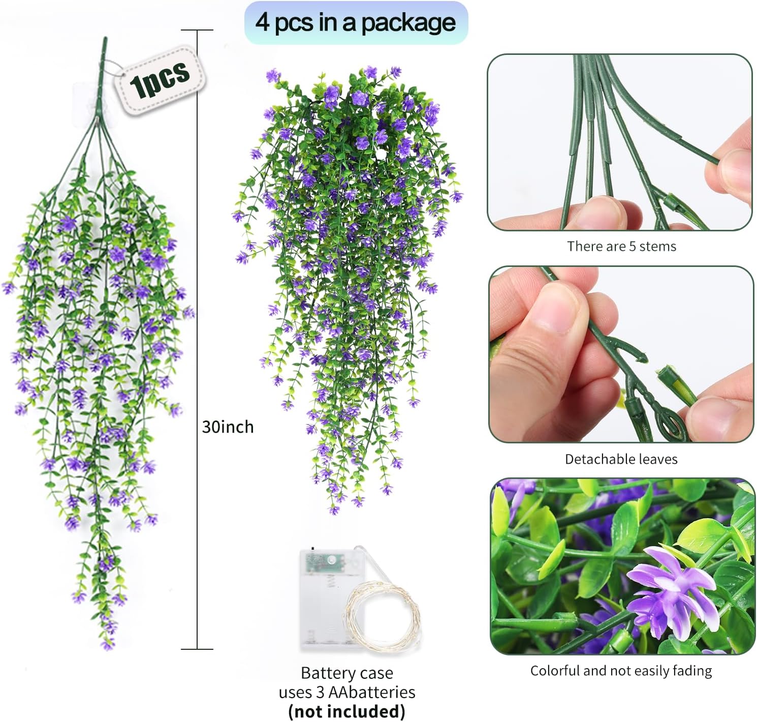 SJL Hanging Greenery 4pcs Realistic Artificial Hanging Plants with Lights Indoor Faux Ivy Plastic Flowers Green Leaves Fake Plants Eucalyptus for Bedroom Party Porch Decor (Purple)