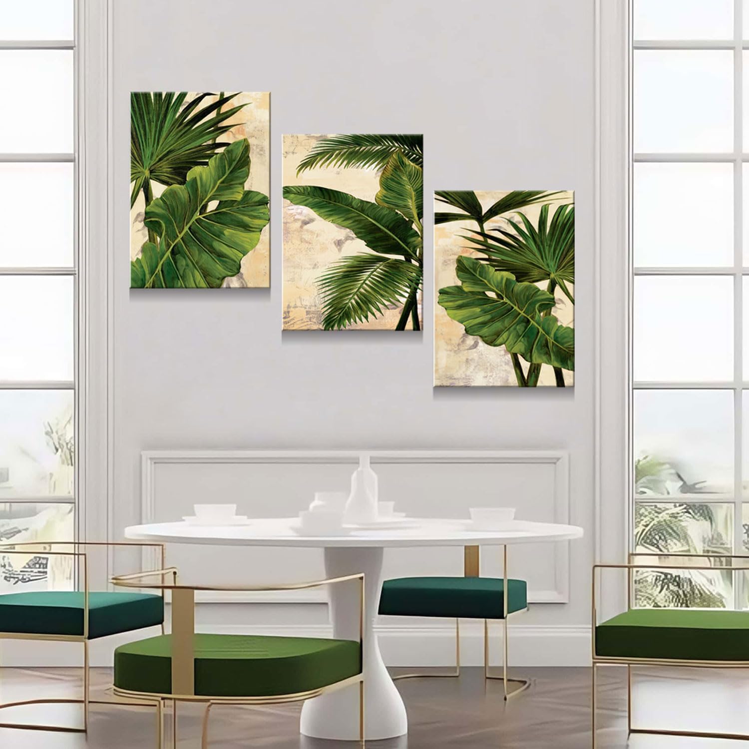 3pcs Framed Palm Leaves Banana Leaf Tropical Plants Wall Art Decor Canvas Print Nature Style Home Greenery Pictures Poster Gallery Bedroom Living Room Studio 16x24 Inch Ready to Hang