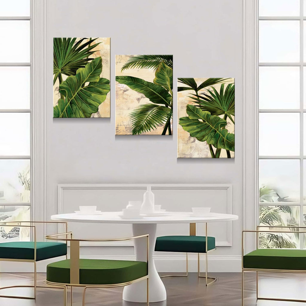 3pcs Framed Palm Leaves Banana Leaf Tropical Plants Wall Art Decor Canvas Print Nature Style Home Greenery Pictures Poster Gallery Bedroom Living Room Studio 12x16 Inch Ready to Hang
