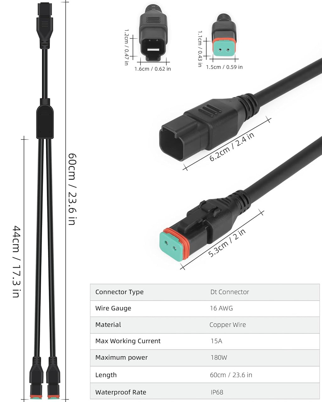 1Pcs 2 in 1 2ft Universal Splitters Deutsch DT DTP Adapters Wiring Harness Extension Kit,2Pin Plug and Play DT Connector for LED Light Bar LED Pod Fog Lights Driving Light Cubes Work Light