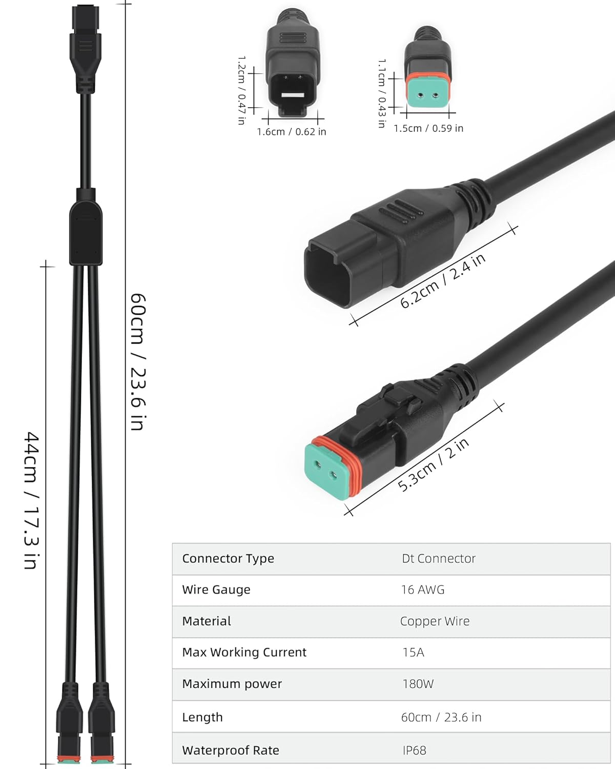 1Pcs 2 in 1 2ft Universal Splitters Deutsch DT DTP Adapters Wiring Harness Extension Kit,2Pin Plug and Play DT Connector for LED Light Bar LED Pod Fog Lights Driving Light Cubes Work Light