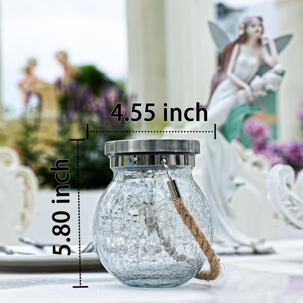 Cooo Christmas Gifts 4 Pack Heavy Crackle Glass Solar Lantern with 30 LED Firefly Lights– Waterproof Outdoor Hanging Lamp 215% Larger Solar Panel, Stainless Steel Lid Decorative Lighting for Garden