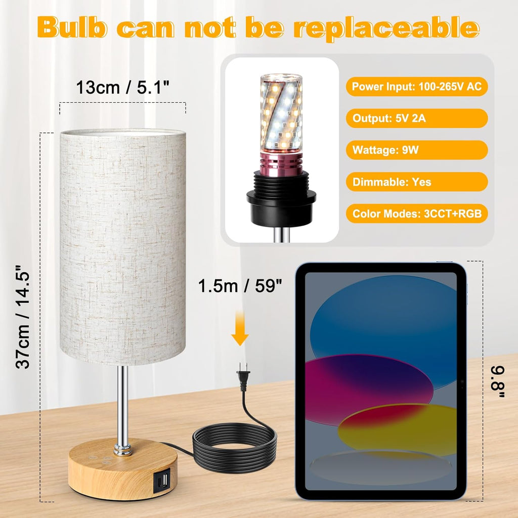 Unicozin Small Table Lamp, 3CCT & 7 RGB Color Changing, Dimmable Nightstand Lamp with Wood Grain Base, Touch Bedsides Lamp for Bedroom, Office, Kids Room, Nursery, Party, Beige Shade