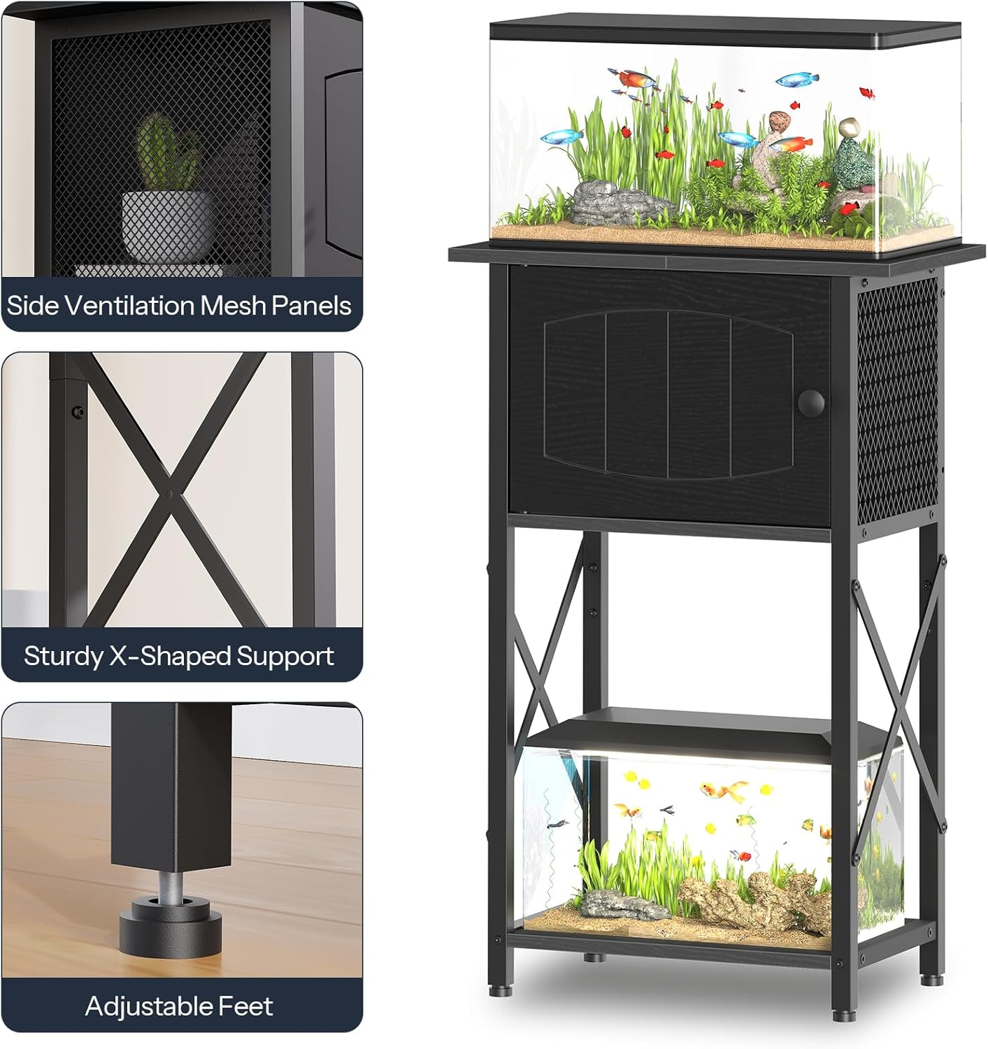 HOOBRO 10 Gallon Aquarium Stand, Fish Tank Stand with Cabinet Storage, Reptile Turtle Tank Stand with Metal Frame, 20.5" L x 11" W , 220 LBS Capacity, Black BB28FT01