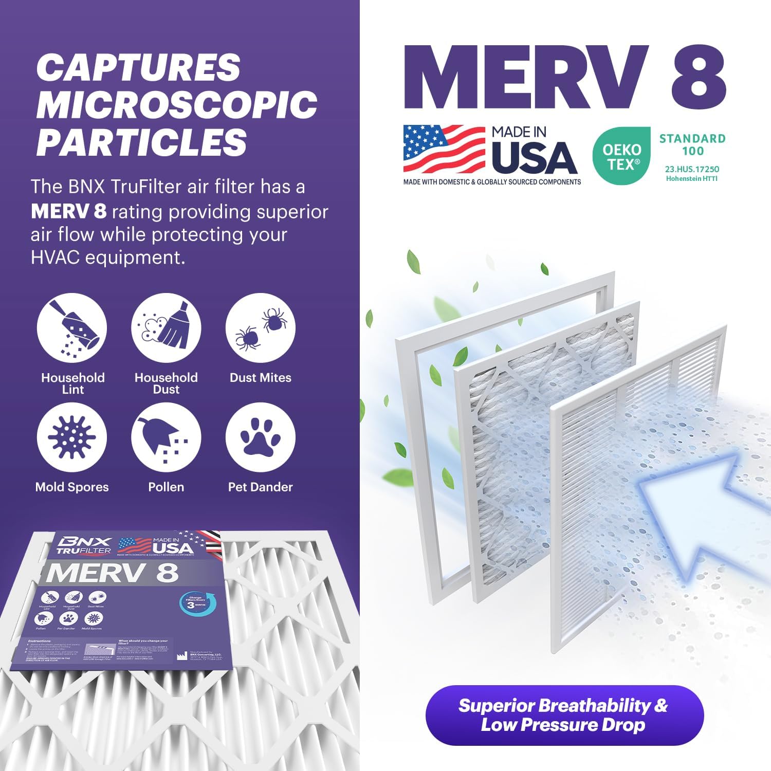 BNX TruFilter 20x30x1 Air Filter MERV 8 (4-Pack) - MADE IN USA – Dust & Pet Defense Electrostatic Pleated Air Conditioner HVAC AC Furnace Filters for Dust, Pet, Mold, Pollen MPR 600 – 700 & FPR 5