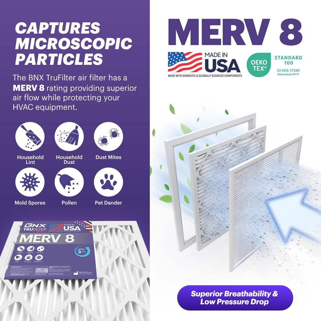 BNX TruFilter 16x30x1 Air Filter MERV 8 (4-Pack) - MADE IN USA – Dust & Pet Defense Electrostatic Pleated Air Conditioner HVAC AC Furnace Filters for Dust, Pet, Mold, Pollen MPR 600 – 700 & FPR 5