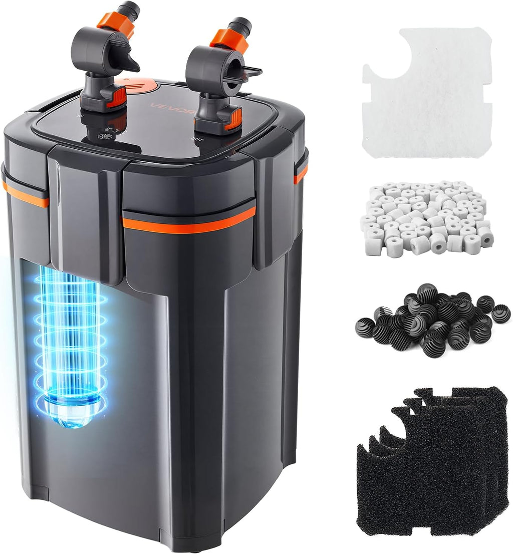 VEVOR 343GPH Canister Filter, 4-Stage External Aquarium Filter with Timed Light, Powerful Pump, Water Circulation Cleaning with Media for Large Fish Tanks & Aquariums Up to 125 Gallons, for Freshwater