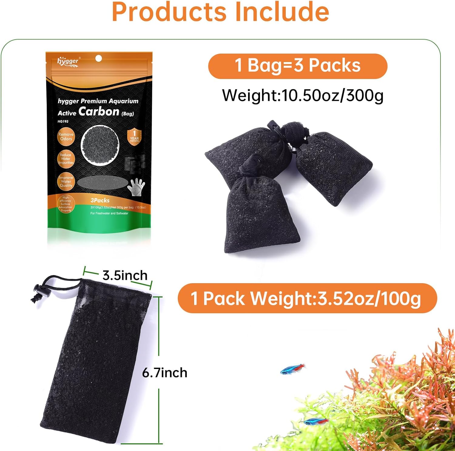 hygger Aquarium Activated Carbon, Premium Natural Coconut Shell Activated Charcoal for Freshwater and Saltwater, Fish Tank Filter Media, Water Purification Carbon (10.5 oz with Fine Mesh Bag)