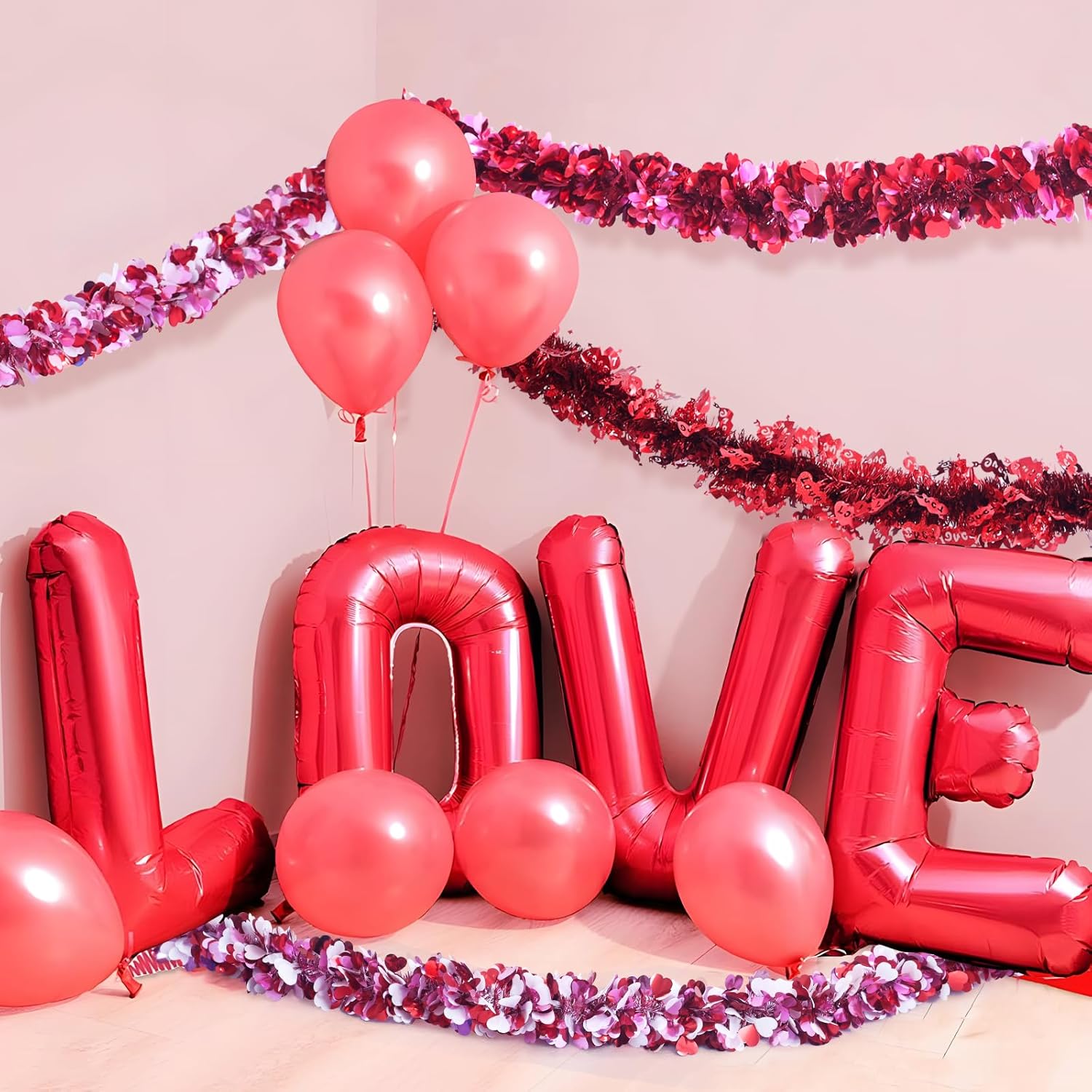 Meag-L 3 Pcs Valentine Garland Tree Decorations Valentine's Day Decors Heart Metallic Tinsel Garlands 29.5Ft Total for Mantle Birthday Anniversary Wreath Indoor Supplies Wedding Party (Red Pink White)