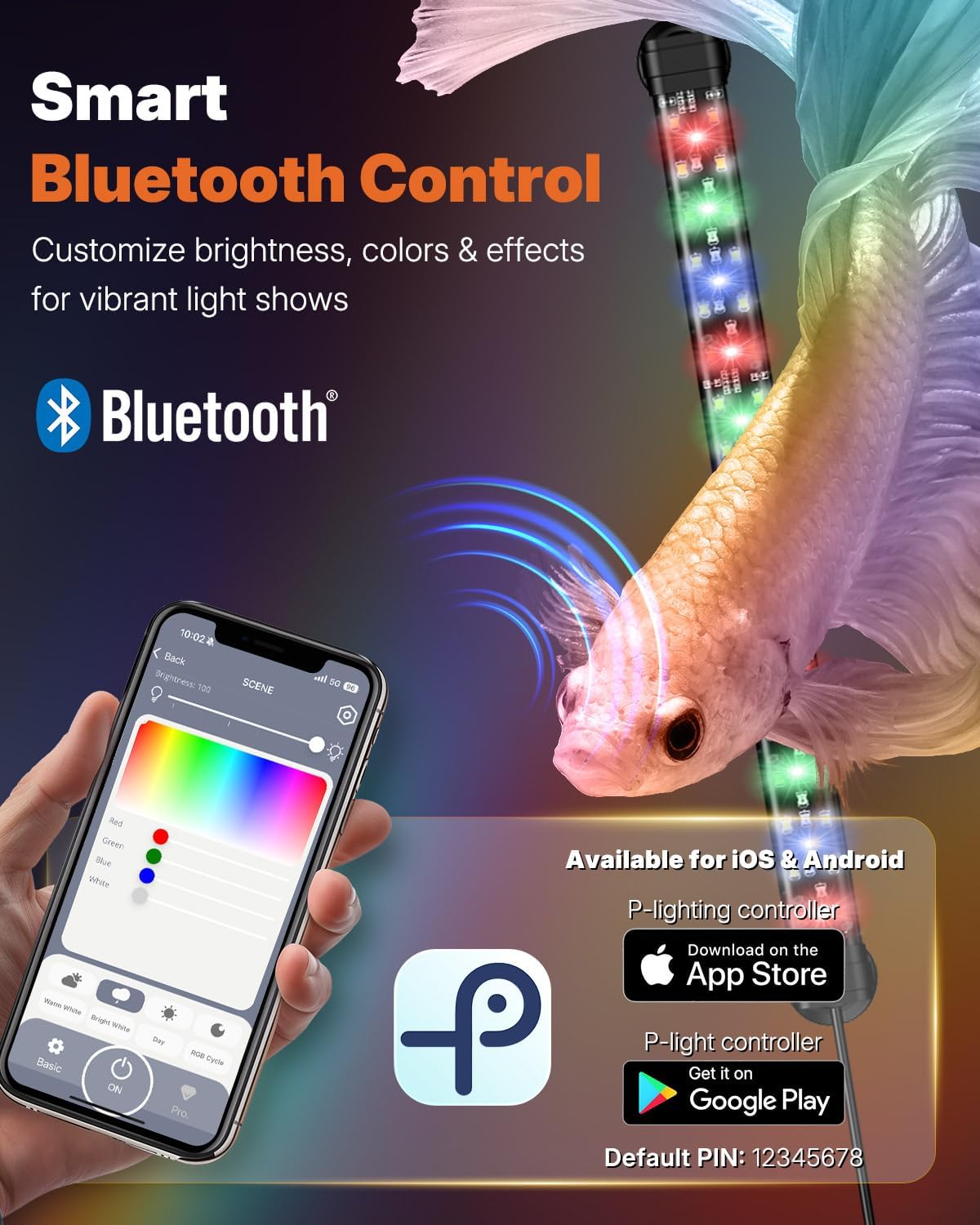Pawfly Aquarium Light with Bluetooth for Plants, 6.5W 12 inch Full Spectrum Fish Tank Light for 13-22 inch Fish Tanks, Submersible LED Lights with App Control, Timer Modes & Adjustable Brightness