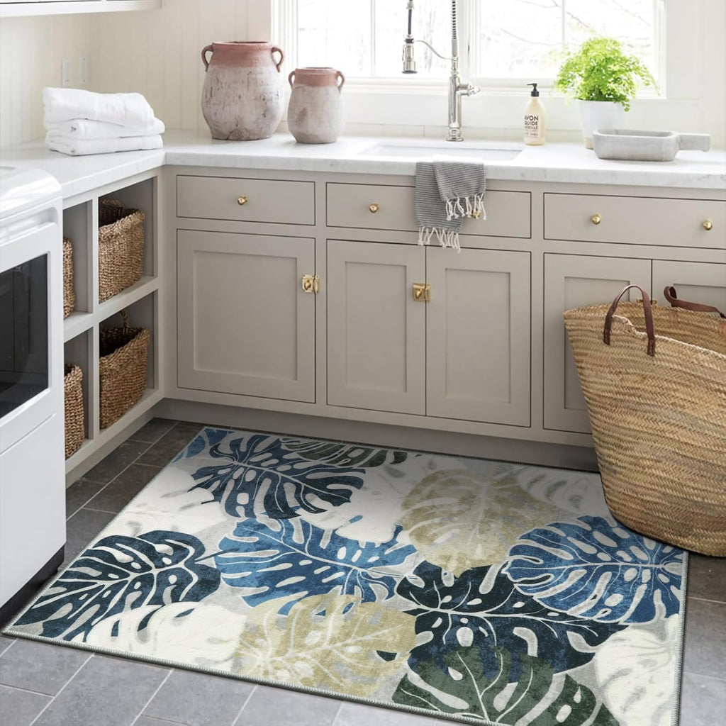 Wonnitar Monstera 3x5 Area Rug, Washable Small Leaf Room Rugs for Bedroom Blue Entry Mat, Tropical Coastal Plant Entrance Carpet Soft Stain Resistant Accent Carpet for Living Room Mudroom Office