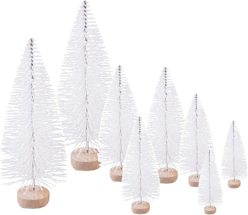 8 Pcs Artificial Mini Christmas Trees, Miniature Pine Trees Sisal Trees with Wood Base Tabletop Christmas Tree for Christmas Xmas Holiday New Year (Pure White, 8 pcs)