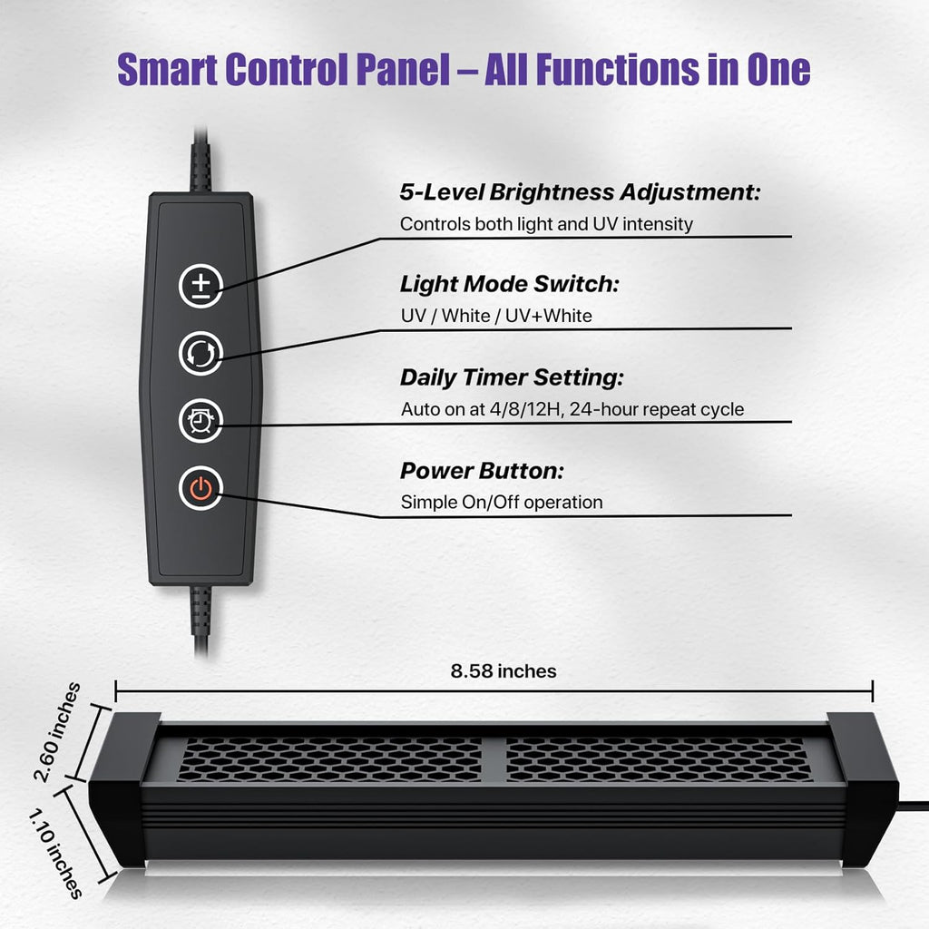 8.5" Aluminum UVB 10.0 LED Reptile Light Bar with Timer & Dimmer, Ultra-Slim Metal UVB/UVA Lamp for Terrariums – Even Light Output, Long Lifespan, Ideal for Bearded Dragons, Turtles & Lizards