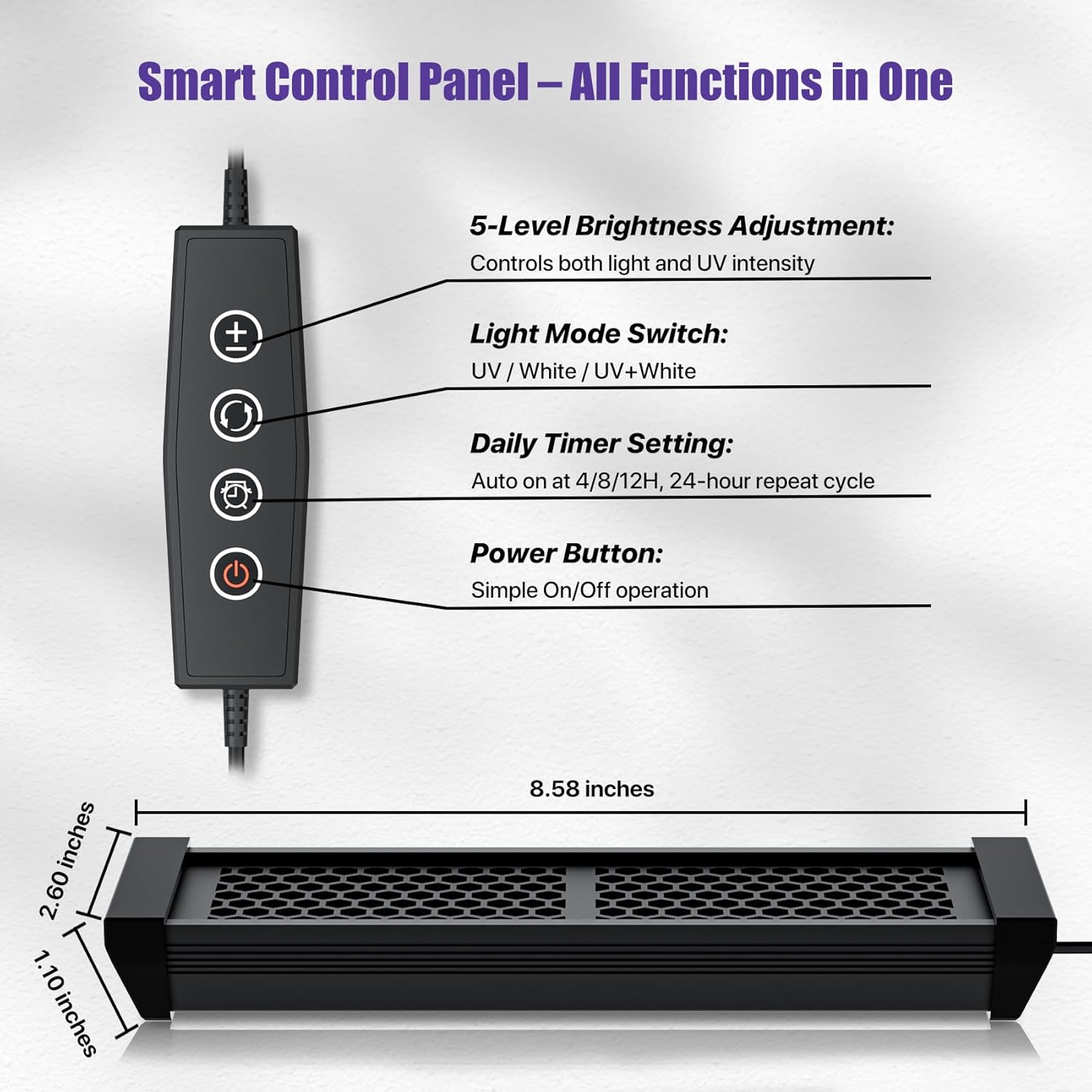 8.5" Aluminum UVB 10.0 LED Reptile Light Bar with Timer & Dimmer, Ultra-Slim Metal UVB/UVA Lamp for Terrariums – Even Light Output, Long Lifespan, Ideal for Bearded Dragons, Turtles & Lizards