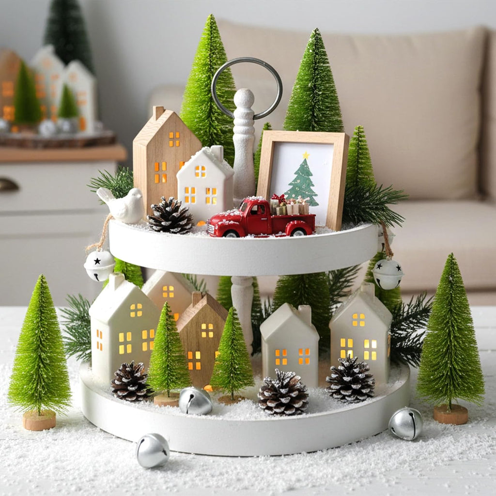 LOVEINUSA 40PCS Mini Christmas Trees, 5 Sizes Artificial Sisal Trees Bottle Brush with Wooden Base for Xmas Winter Home Table Decoration