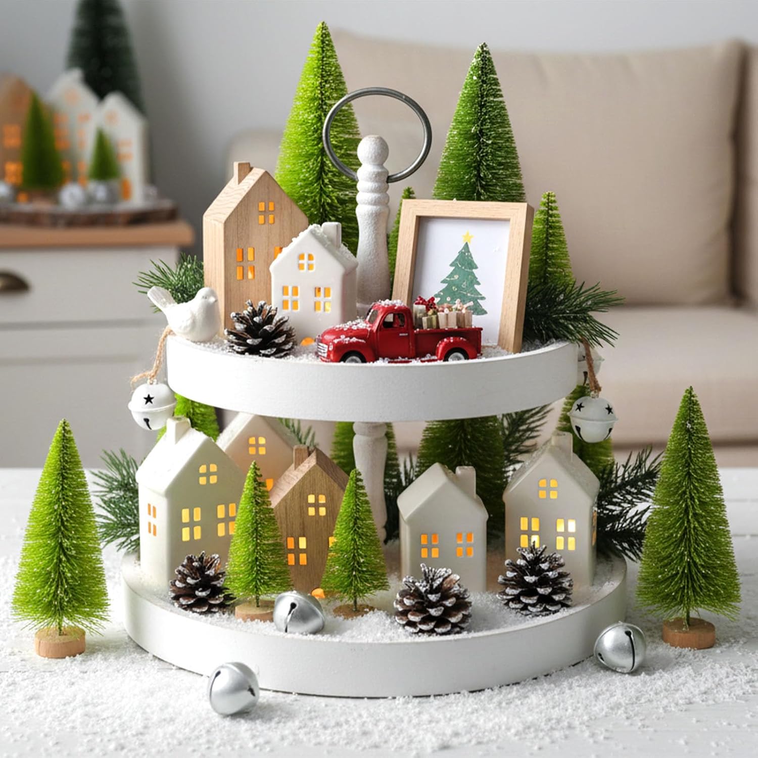 LOVEINUSA 40PCS Mini Christmas Trees, 5 Sizes Artificial Sisal Trees Bottle Brush with Wooden Base for Xmas Winter Home Table Decoration