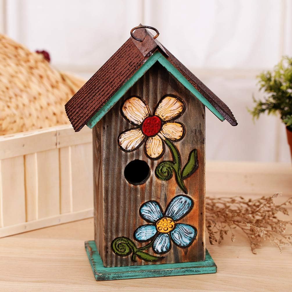 Topadorn Bird House Wooden Carved Floral Birdhouse with Hoop Hanging Birdhouse for Garden Yard Porch Decoration,11 Inch