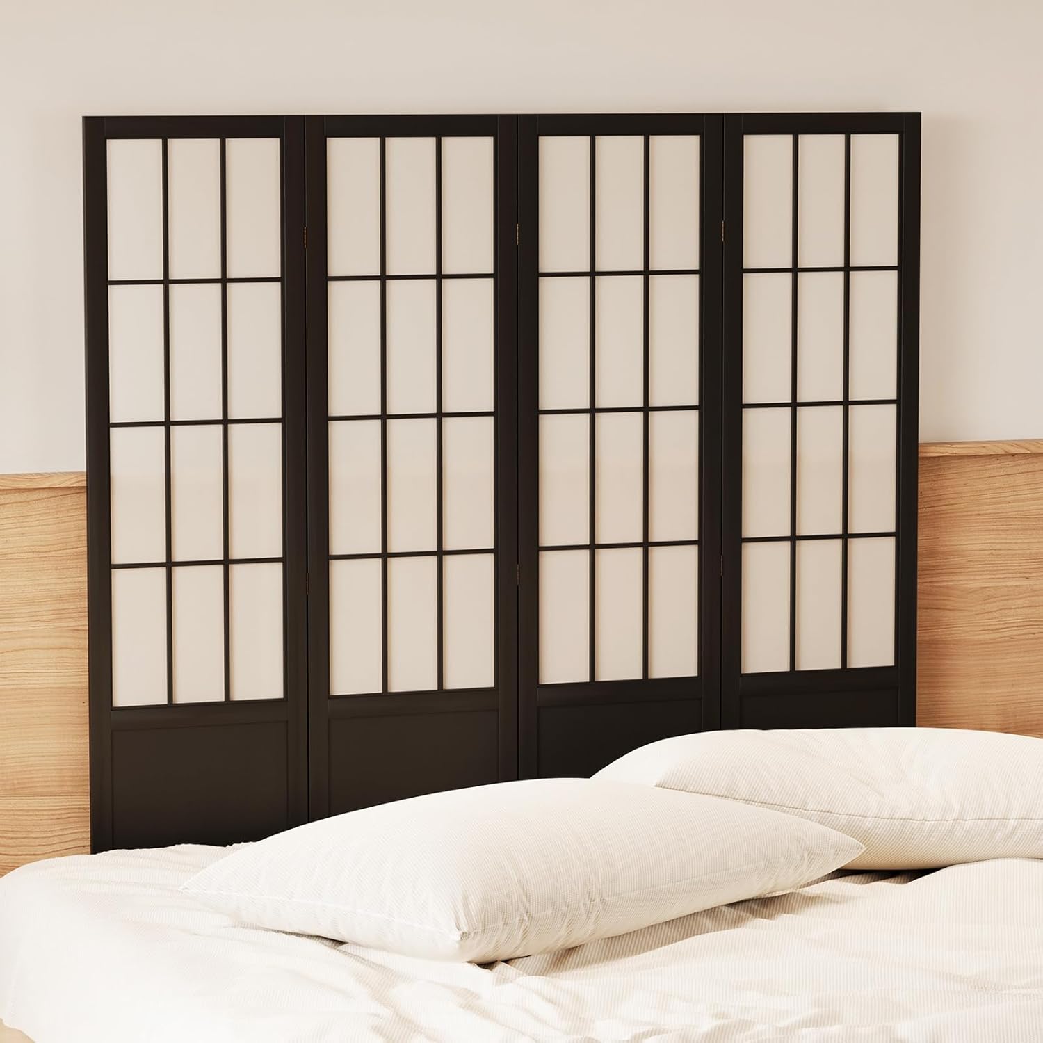 Room Divider, 66.9Inch Tall Japanese Shoji Style Folding Wood Screen with Double Hinges for Home Office Bedroom Hotel Decoration (4Panels, Black)