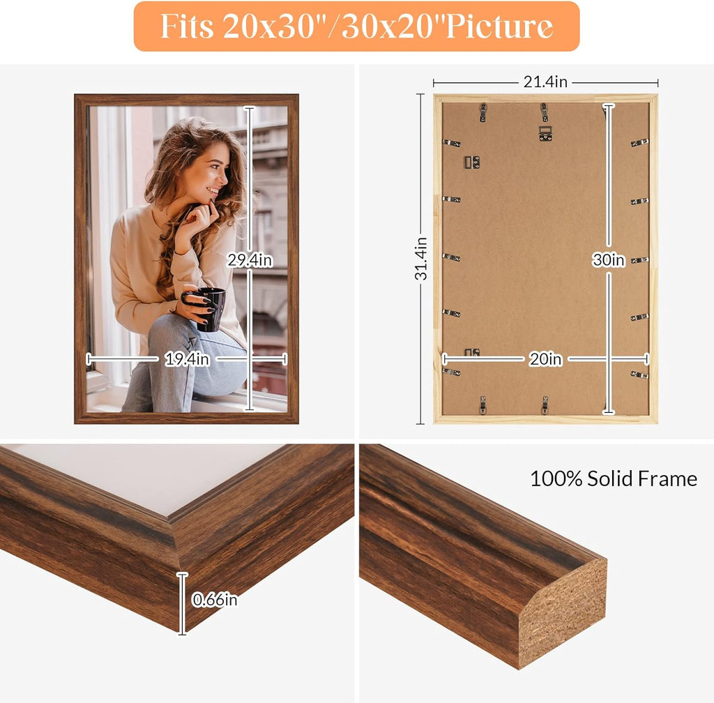 20x30 Solid Wood Frame, Rustic Brown Wood 30x20in Picture Poster Frame, Natural Modern 20 x 30inch Gallery Wall Pic Photo Frame with HD Plexiglass, Horizontal Vertical Wall Mounting Display 1pcs