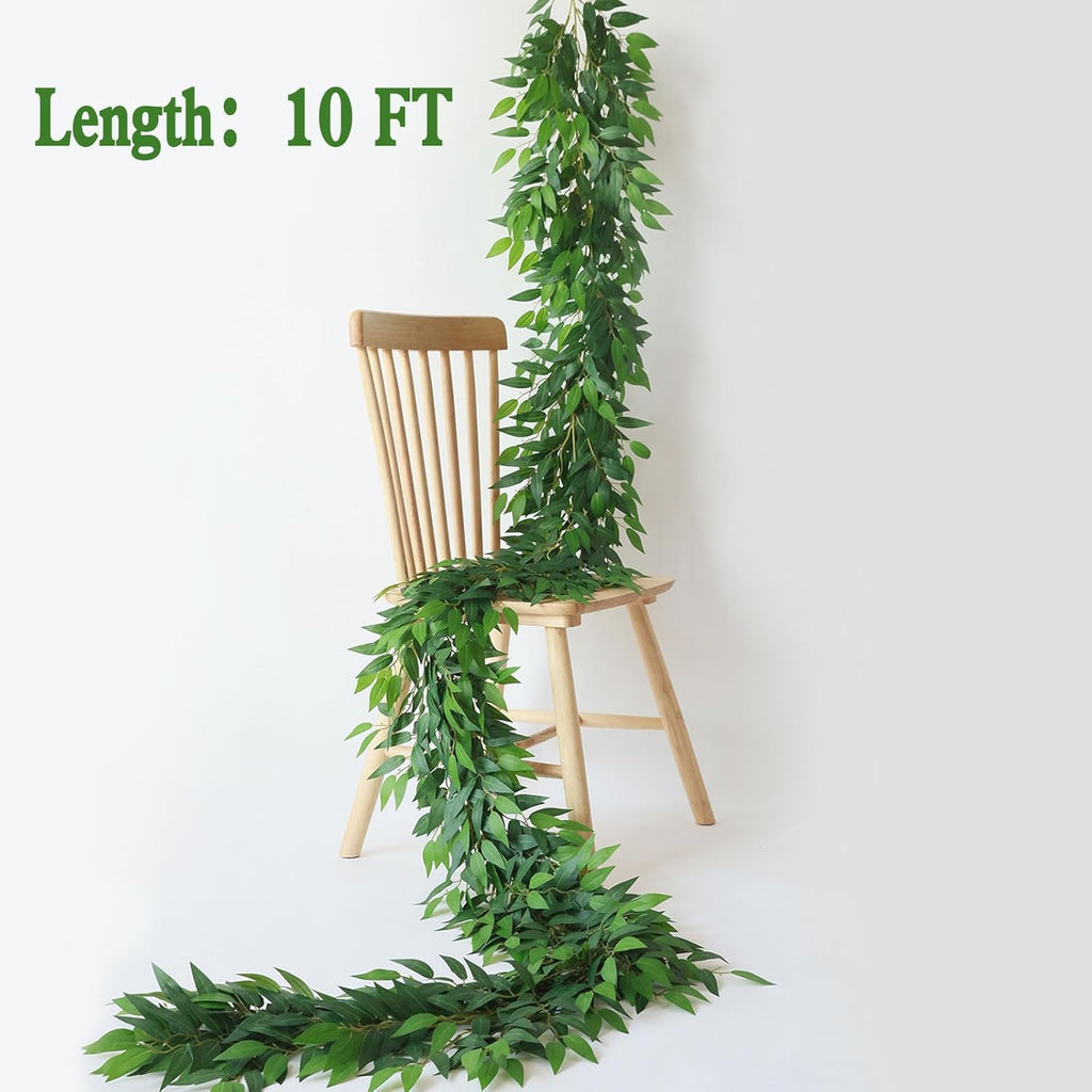 Mizii Artificial Vines Garland 10 Feet Faux Italian Ruscus Vine Greenery Garland Silk Green Leaves Decoration Fake Plants Greenery for Table Centerpieces Home Room Wall Wedding Arch Decor (10 feet)