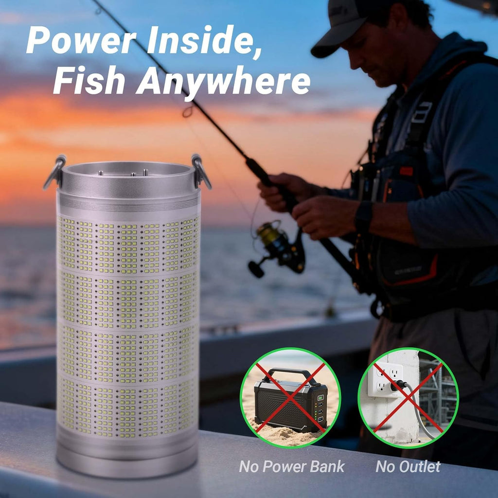 Rechargeable Underwater Fishing Light, Built-in Battery & Cordless, Remote Dimmable, Auto-On in Water, IP68 Waterproof, Multi-Color, Suitable for Boat, Dock, Freshwater, and Saltwater