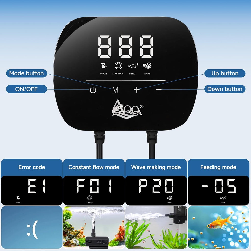 AQQA Aquarium Water Pump,Controllable Return Pump with LCD Display,Constant Flow Mode+Wave Making Mode+Feeding Mode,Submersible and inline Sump pump Pond Pump for Freshwater Saltwater (100W)