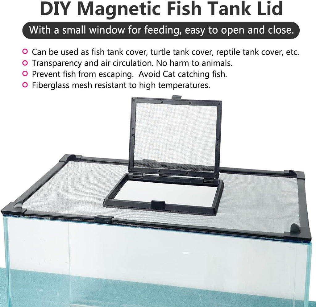 Magnetic Fish Tank Cover with Feeding Window Dark Grey Frame Grey Fiberglass Mesh, DIY Magnetic Fish Tank Lid 39"x19"(100x50CM), Preventing Fish from Jumping Out The Size can be Adjusted Smaller