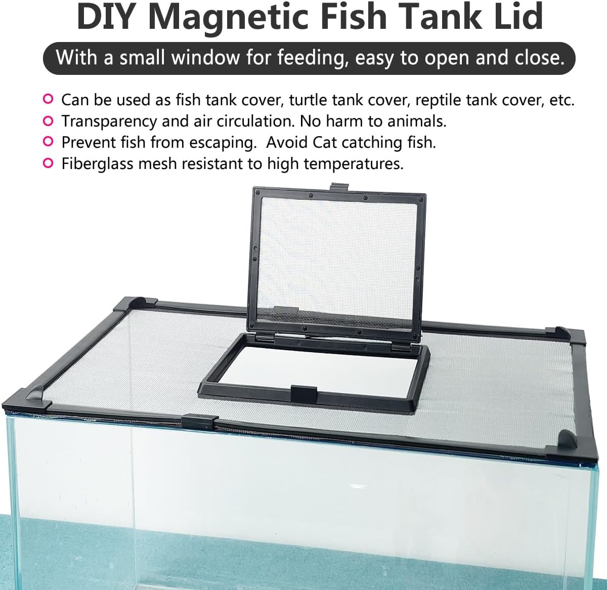 Magnetic Fish Tank Cover with Feeding Window Dark Grey Frame Grey Fiberglass Mesh, DIY Magnetic Fish Tank Lid 39"x19"(100x50CM), Preventing Fish from Jumping Out The Size can be Adjusted Smaller
