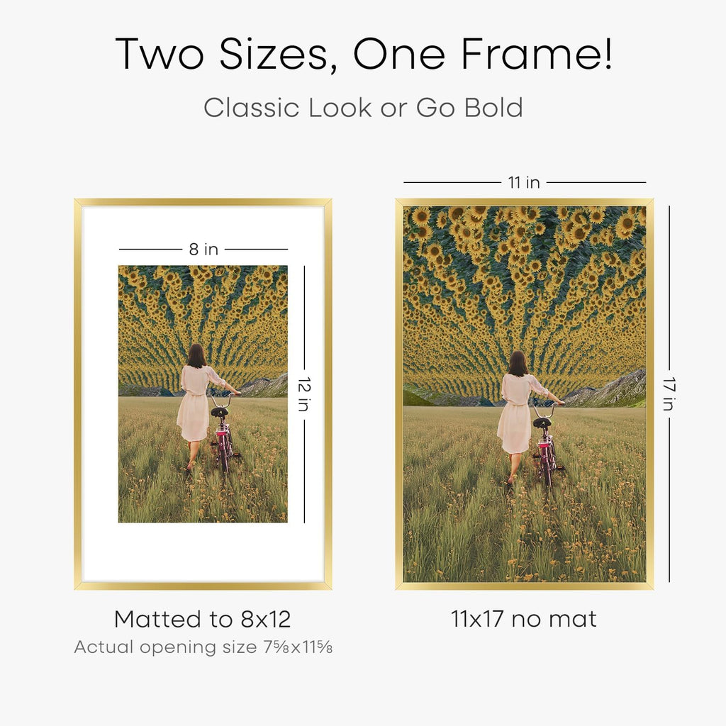 Homeforia 11x17 Picture Frame Gold, High End Metal 11x17 Poster Frames with Mat 8x12 for Photo, 11 x 17 Gold Frame Matted to 8 by 12 Print, 17x11 Thin Hanging Frame, Tempered Glass, Wall Kit, Set of 2