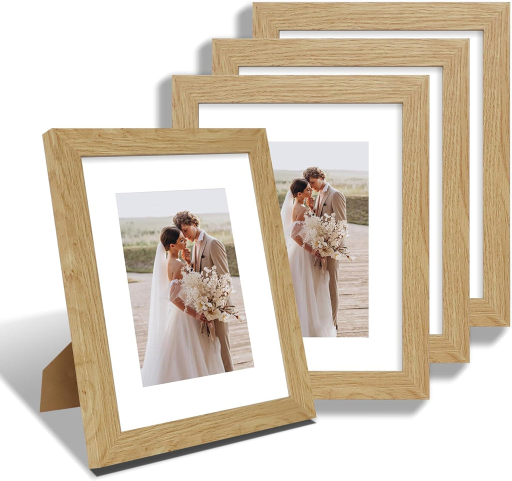 8x10 Picture Frame Set of 4, Made of Real Glass and Natural Oak Wooden Frame, 8 by 10 Photo for Wall or Tabletop - Display Picture 5x7 with Mat or 8x10 Without Mat