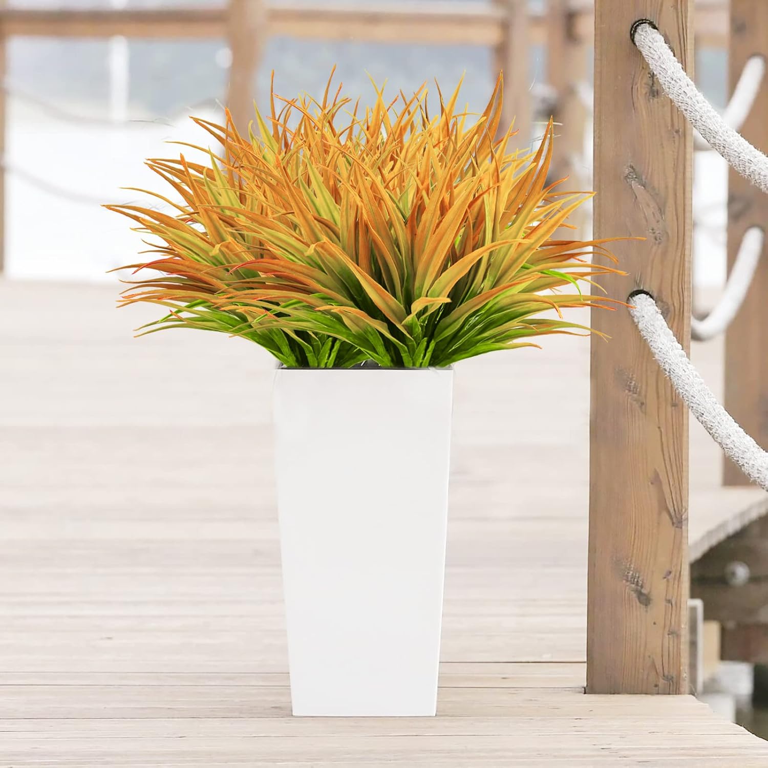 8Pcs Artificial Grass Plant Fake Outdoor Plastic Plants UV Resistant Faux Grasses Greenery Shrubs for Window Box Garden Patio Porch Home Decor Yellow