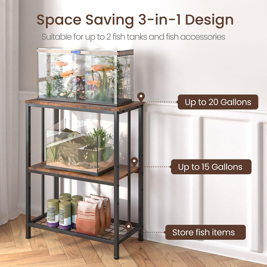 10-20 Gallon Fish Tank Stand, 3-Tier Metal 20 Gallon Aquarium Stand Heavy Duty 5-10 Gallon Reptile Stand with Adjustable Storage Shelf for Breeder/Turtle/Terrarium Tank-24.8" L*11.8" W*30.7" H