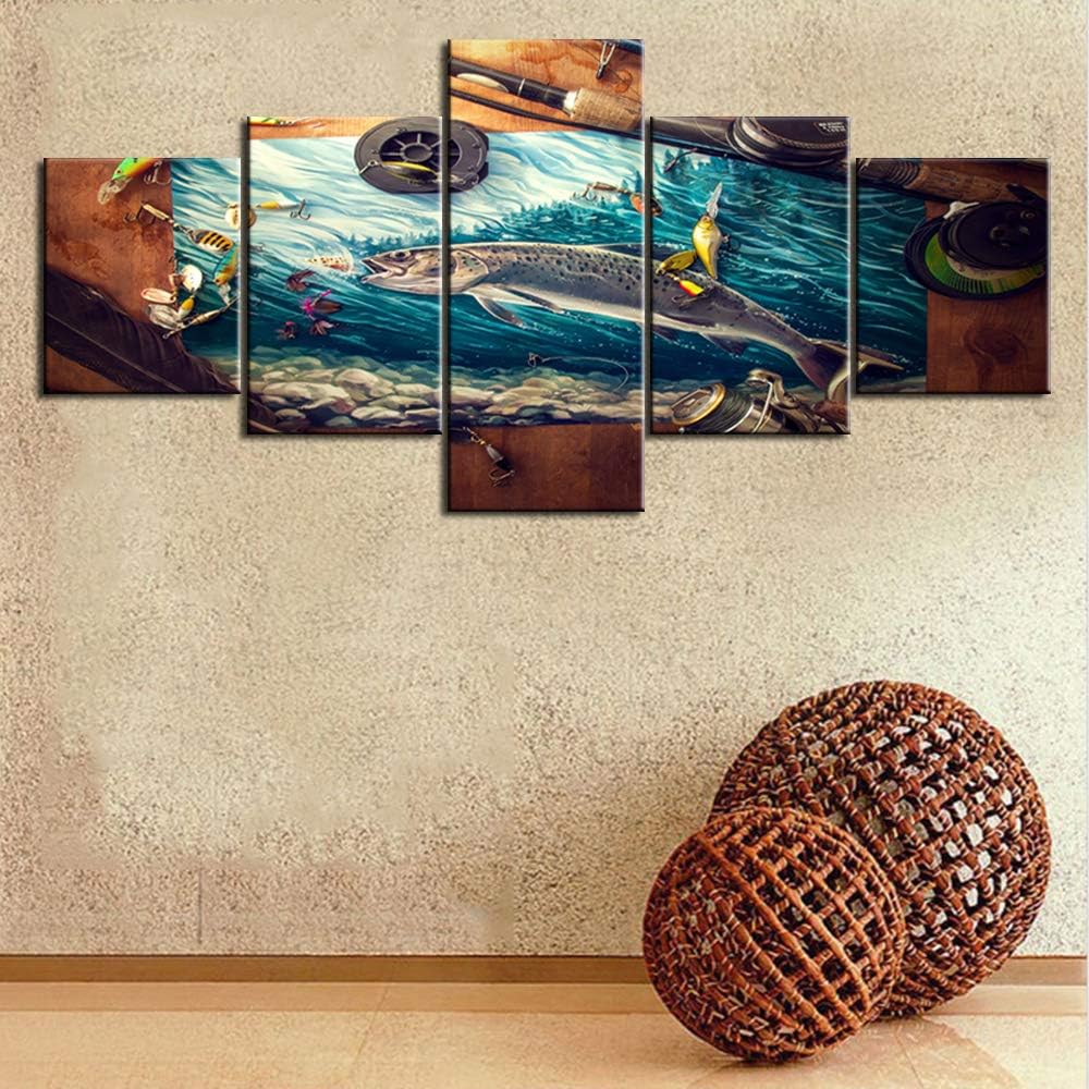 House Decorations Living Room Fishing Tackle Pictures Seascape Fish Paintings Multi Panel Canvas Wall Art Giclee Underwater World Artwork Framed Ready to Hang Poster and Prints Gift(50''Wx24''H)