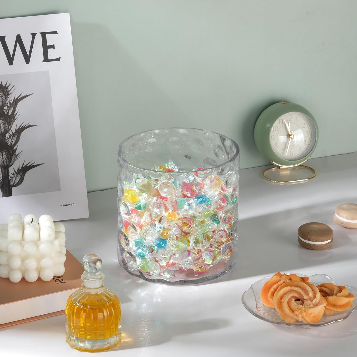 6" Wide 6" High Decorative Glass Cylinder Vase with Dimpled Circle Pattern, 8 Inch Tall, Clear (1, 6"x6")