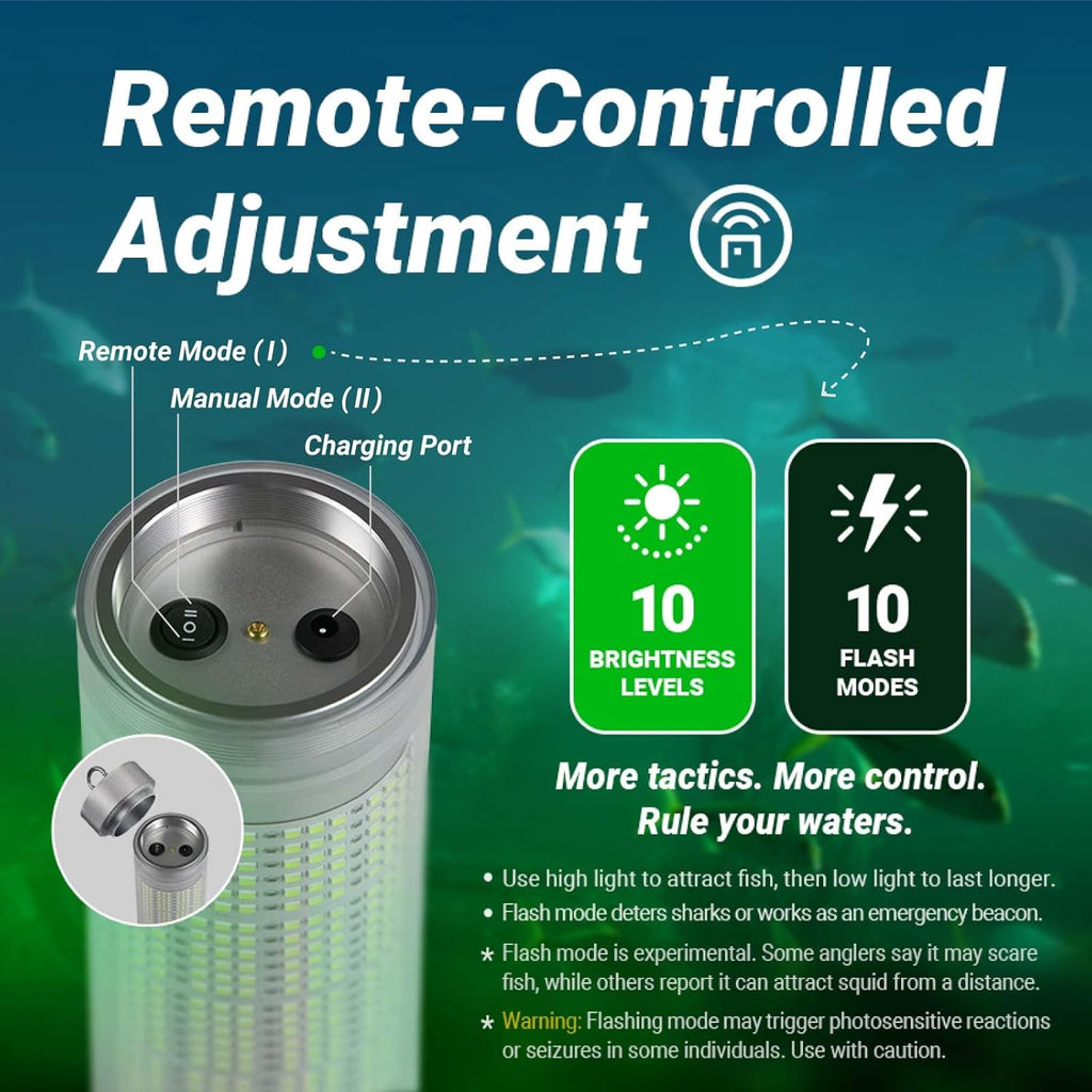 Rechargeable Underwater Fishing Light, Built-in Battery & Cordless, Remote Dimmable, Auto-On in Water, IP68 Waterproof, Multi-Color, Suitable for Boat, Dock, Freshwater, and Saltwater