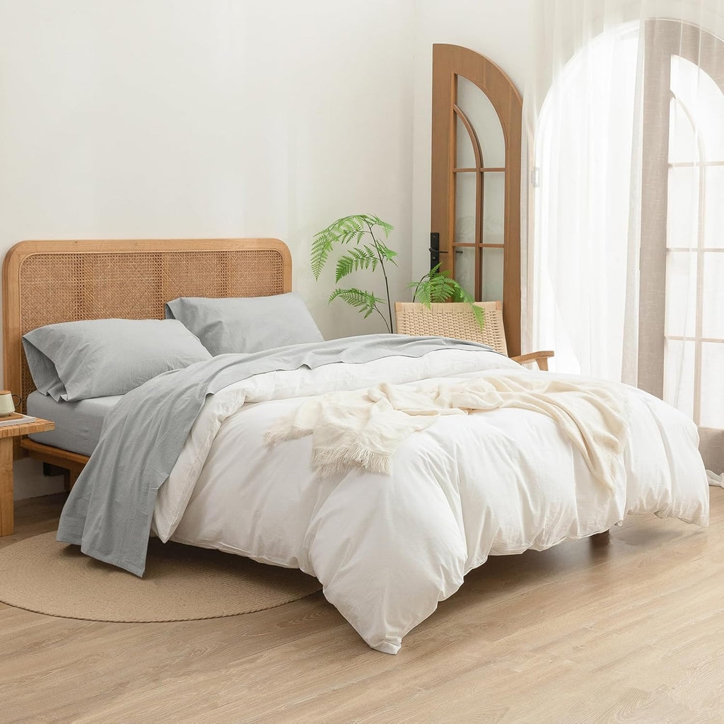 BESTOUCH Sheet Set 100% Washed Cotton Linen Feel Super Soft Comfortable Chic Lightweight 4 Pcs Home Bedding Set Solid Northern Droplet Grey Full