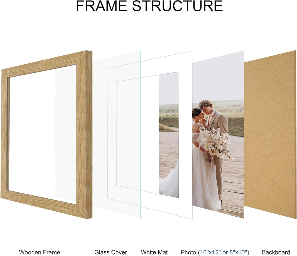10x12 Picture Frame Set of 4, Made of Real Glass and Natural Oak Frame - Display Picture 8x10 with Mat or 10x12 Without Mat, 10 by 12 Photo for Wall Mounting