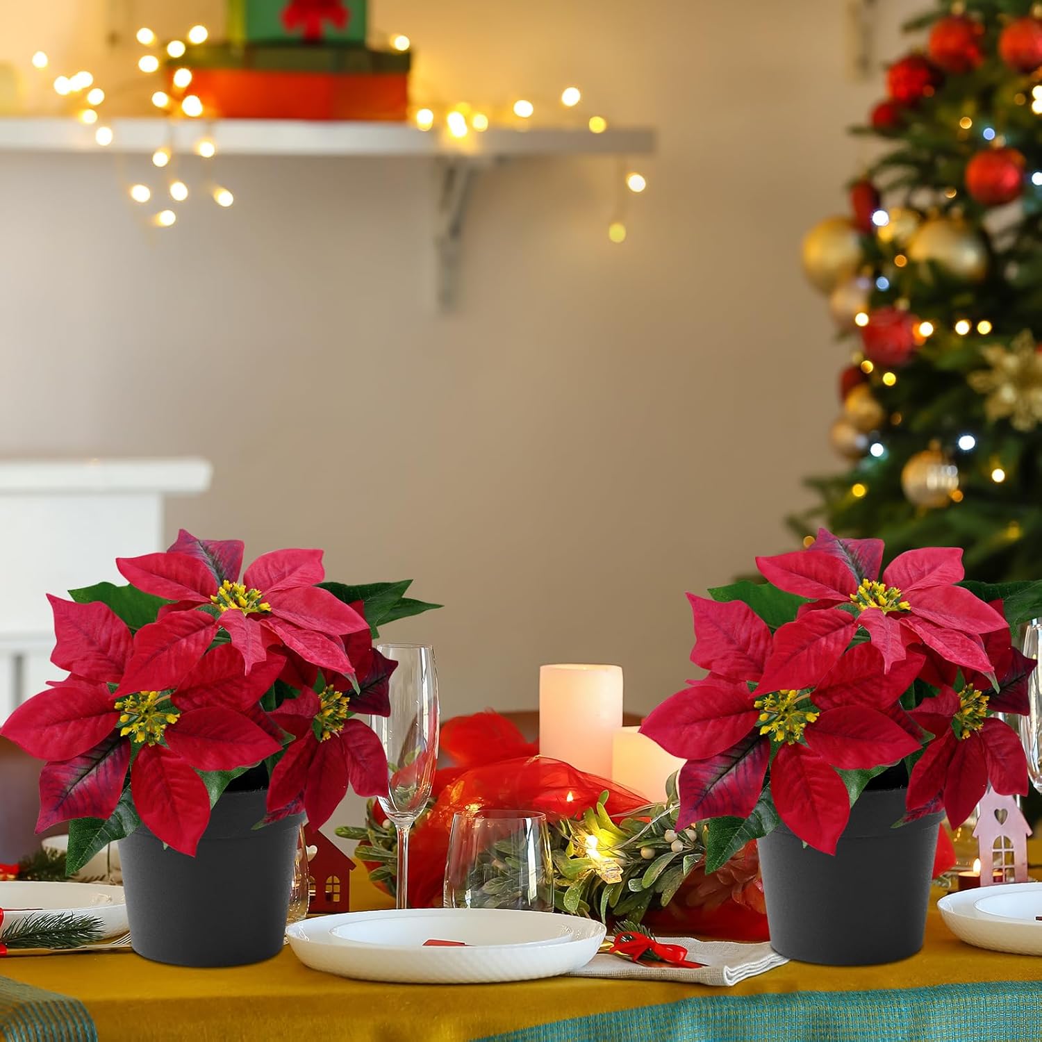 Poinsettias Artificial Christmas Flowers Tabletop Small Red Poinsettia Plant Artificial 9 Inch Faux Winter Flowers for Xmas Ornament Porch Home Garden Decorations(2 Pack)