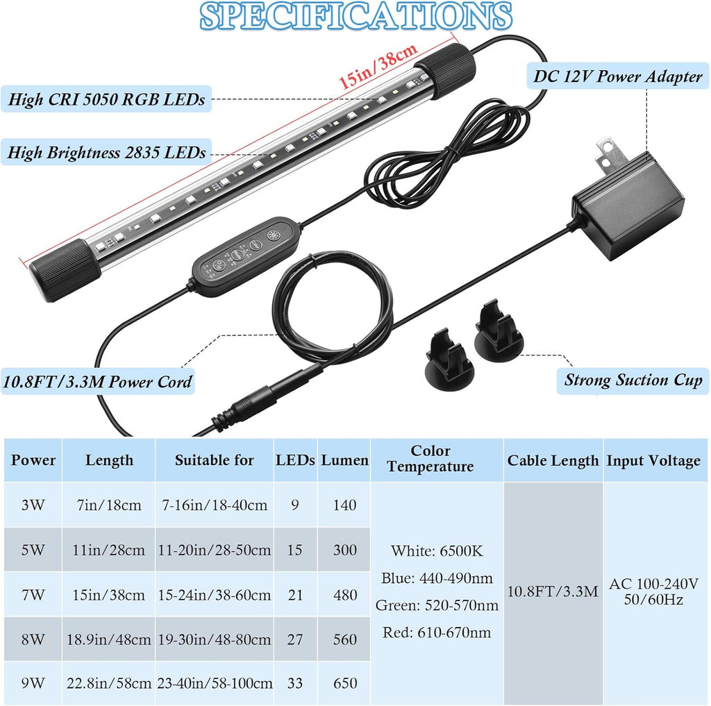 FEDOUR 15in Submersible Aquarium LED Light, 24/7 Aquarium Lights with Full Spectrum RGBW LEDs, IP68 Waterproof Fish Tank Light with Dimming, Timming and Color Adjustable