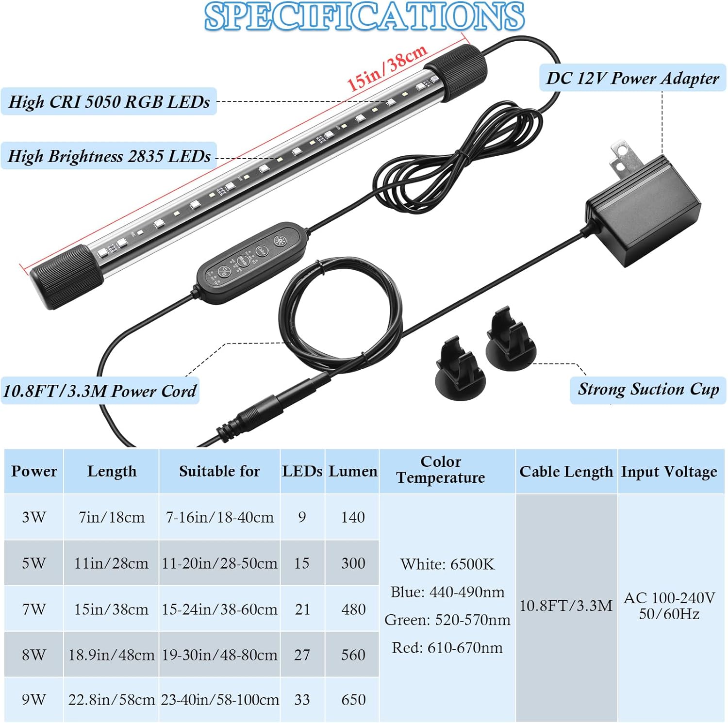 FEDOUR 15in Submersible Aquarium LED Light, 24/7 Aquarium Lights with Full Spectrum RGBW LEDs, IP68 Waterproof Fish Tank Light with Dimming, Timming and Color Adjustable